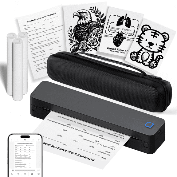 Inkless Portable Printer for Travel, Wireless Thermal Printer Supports 8.5 x 11 Inch Thermal Paper, Bluetooth Machine Includes Carry Case and 3 Rolls of Paper Kit, Black