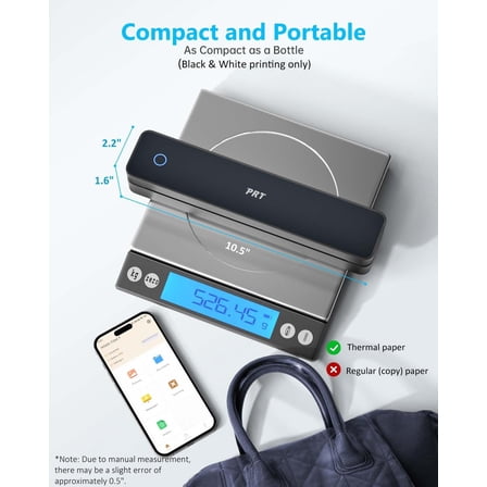 Inkless Portable Printer, Wireless Thermal Printer for Travel Support 8.5"x11" US Letter & A4 B5, MT610 Small Bluetooth Mobile Printers with iOS Android Laptop for Home Car Office School, Black