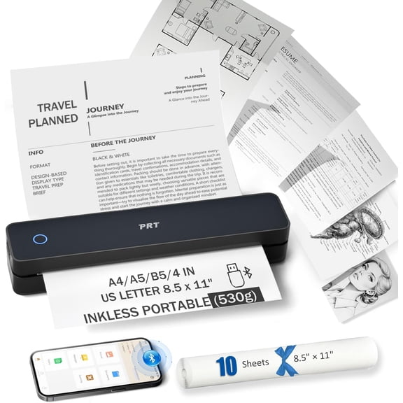Inkless Portable Printer, Wireless Thermal Printer for Travel Support 8.5"x11" US Letter & A4 B5, MT610 Small Bluetooth Mobile Printers with iOS Android Laptop Home Car Office School, Black