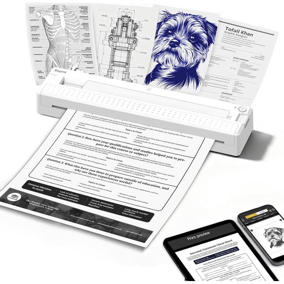 Inkless Portable Printer, Wireless Thermal Small Bluetooth Mobile Travel Printer for iPhone Android Laptop Supports 8.5x11 Inch US Letter Paper Home Office School