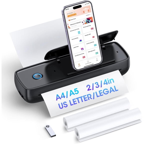 Inkless Portable Printer Wireless for Travel - High Resolution, 4200mAh Battery, Thermal Mini Printer for A4/A5/US Letter, Bluetooth & USB, Lightweight Wireless Printer for Home/Office|Black