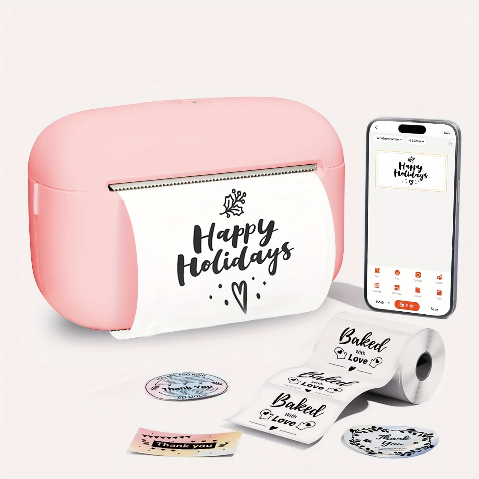 Inkless Portable Thermal Label Printer with Free Paper, Wireless Barcode Sticker Maker for Clothing Jewelry Retail Mailing Journals DIY Birthday Gifts
