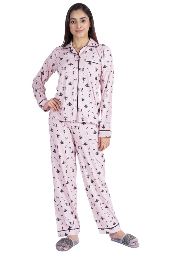 2pcs Nightwear Set For Women Printed Button-Down Sleepwear Top & Pajama Set