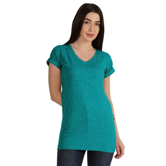 Inkmeso Basic V-neck Jersey T-shirt Short Sleeve Long Length Tee Workout Top For Womens