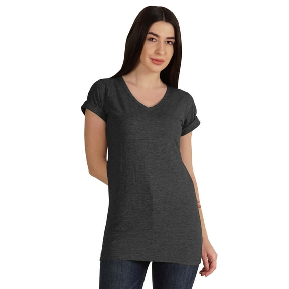 Inkmeso Basic V-neck Jersey T-shirt Short Sleeve Long Length Tee Workout Top For Womens
