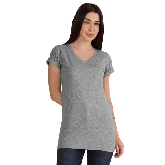 Inkmeso Basic V-neck Jersey T-shirt Short Sleeve Long Length Tee Workout Top For Womens