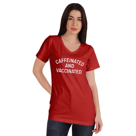 Inkmeso Caffeinated & Vaccinated Funny Pro-Vaccine V-Neck T-shirt For Womens