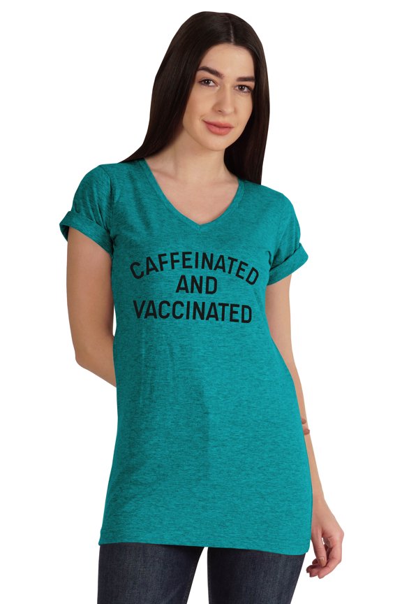 Caffeinated & Vaccinated Funny Pro-Vaccine V-Neck T-shirt For Womens