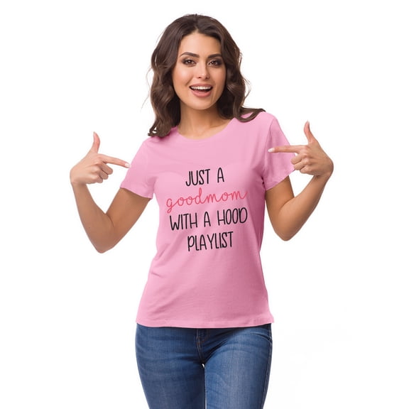 Inkmeso Crew Neck Just A Good Mom With A Hood Playlist Graphic Tshirt Cotton Tee