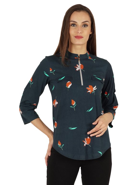 Fashionable Printed Casual Top For Womens Mandarin Collar Relaxed-Fit Tunic Top