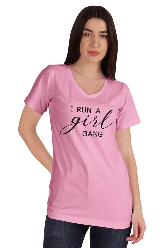 I Run A Girl Gang V-Neck Graphic T-shirt Mommy Life Mother Cotton Tee