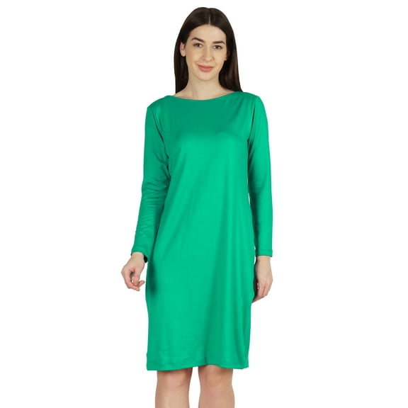 Inkmeso Knee Length Plain Dress Long Sleeve Boat Neck Tshirt Dress For Women