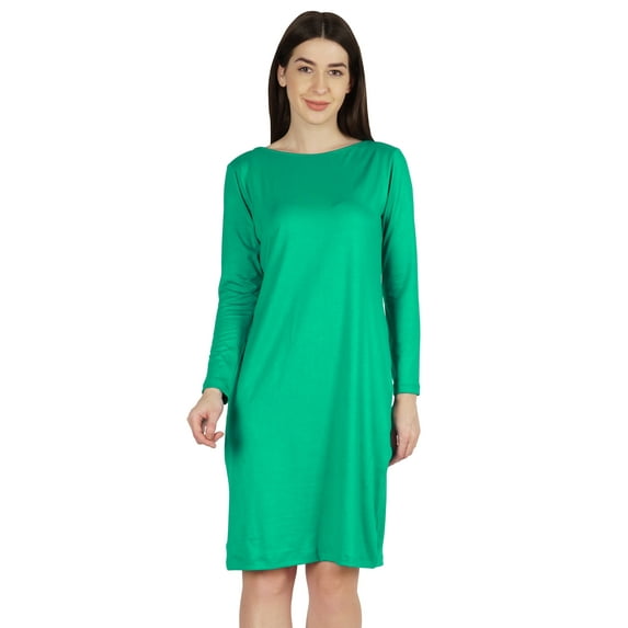 Inkmeso Knee Length Plain Dress Long Sleeve Boat Neck Tshirt Dress For Women