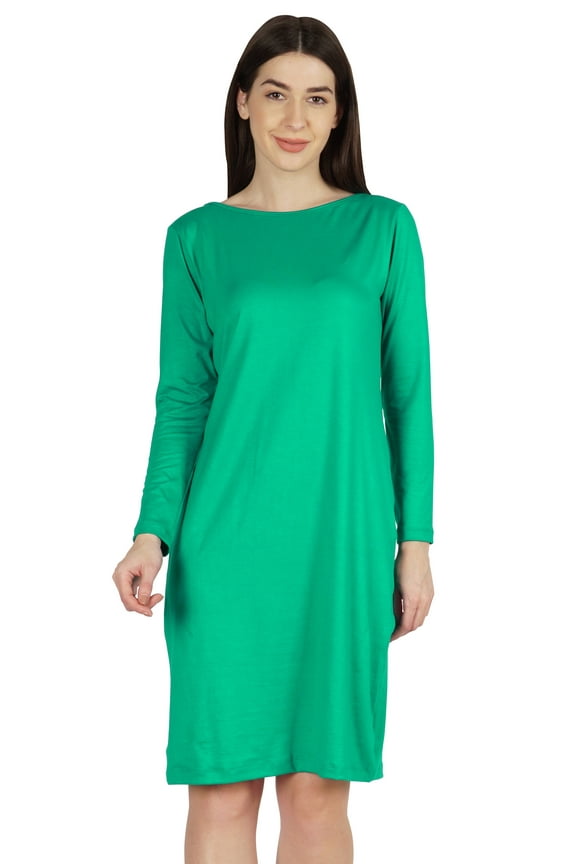Knee Length Plain Dress Long Sleeve Boat Neck Tshirt Dress For Women