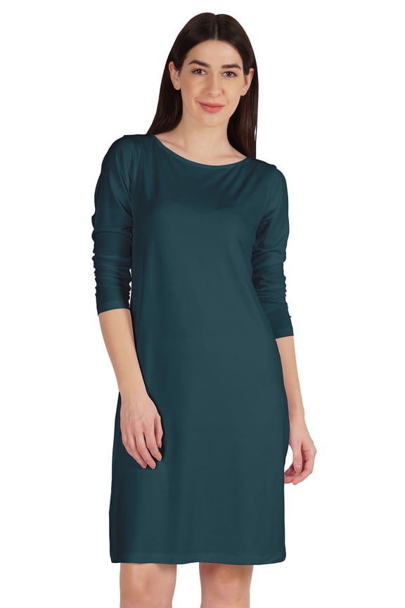 Knee Length Plain Dress Long Sleeve Boat Neck Tshirt Dress For Women