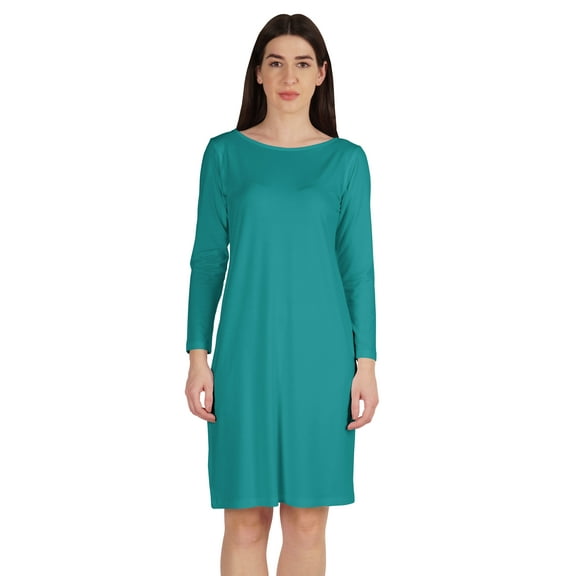 Inkmeso Knee Length Plain Dress Long Sleeve Boat Neck Tshirt Dress For Women