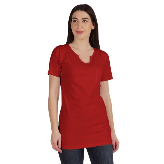 Inkmeso Long Length Notch Neck Top For Women Basic Cotton Tee Shirt w/ Pocket Patch Legging Top