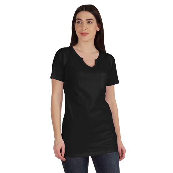 Inkmeso Long Length Notch Neck Top For Women Basic Cotton Tee Shirt w/ Pocket Patch Legging Top