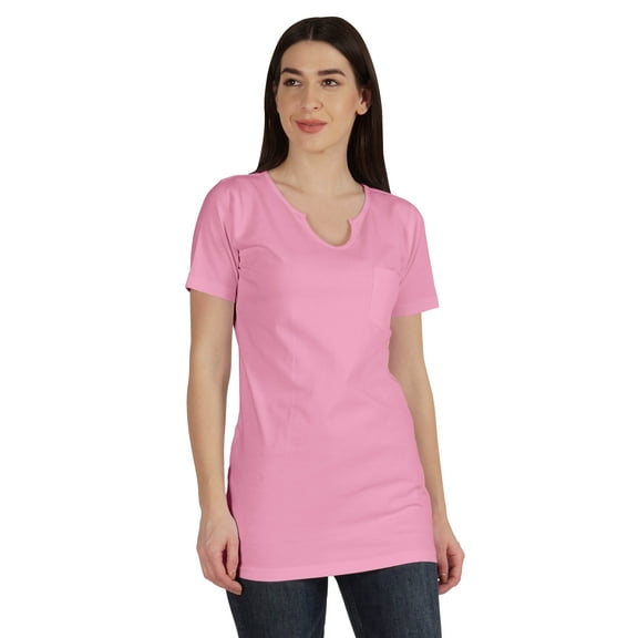 Inkmeso Long Length Notch Neck Top For Women Basic Cotton Tee Shirt w/ Pocket Patch Legging Top