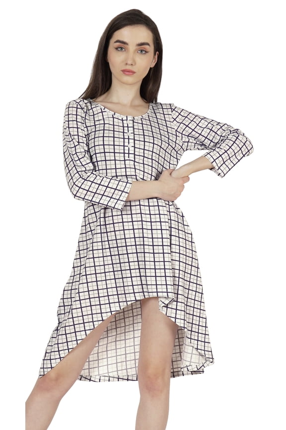 Printed Round Neck Cotton Dresses For Womens Asymmetrical Hem Short MiniDress