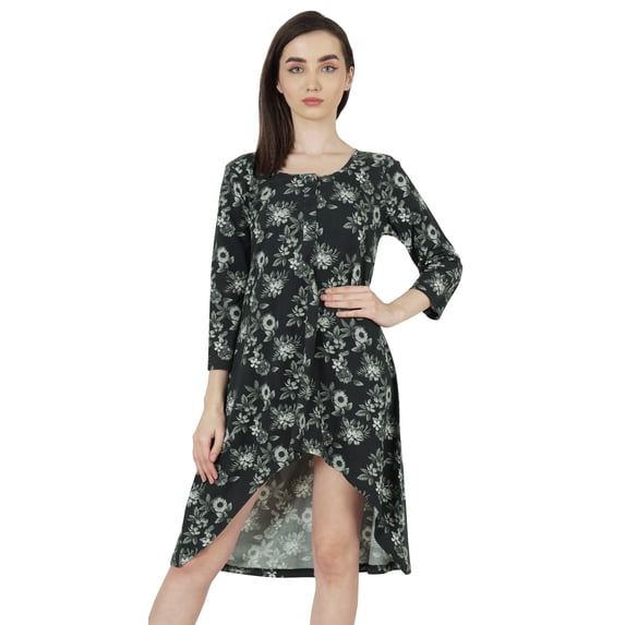 Inkmeso Printed Round Neck Cotton Dresses For Womens Asymmetrical Hem Short MiniDress