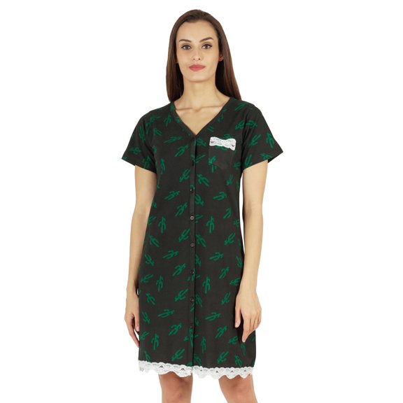 Inkmeso Printed V-Neck Nightgown Sleepwear For Womens Nightshirt Soft Button Sleepdress