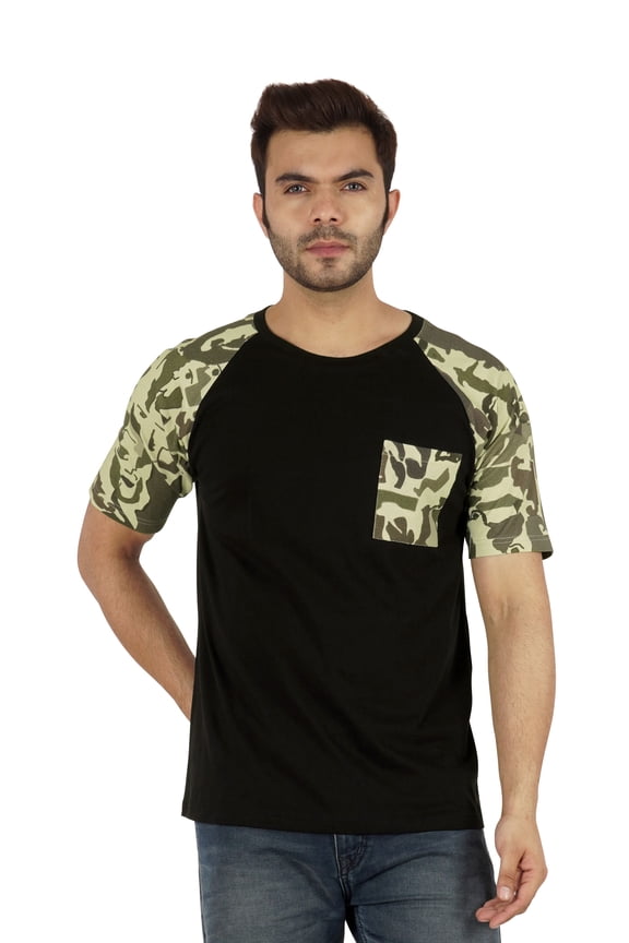 Raglan Short Sleeves T-Shirt For Men's Loose Fit Printed Casual Tee W/ Patch Pocket