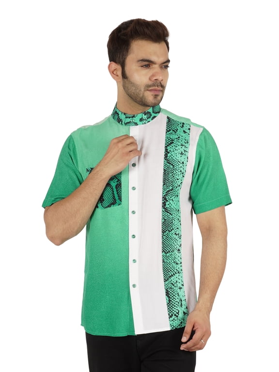 Regular Fit Designer Mandarin Collar Shirt For Men's Printed Patch Pocket Shirts