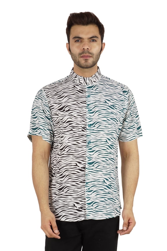 Regular Fit Designer Mandarin Collar Shirt For Men's Printed Patch Pocket Shirts