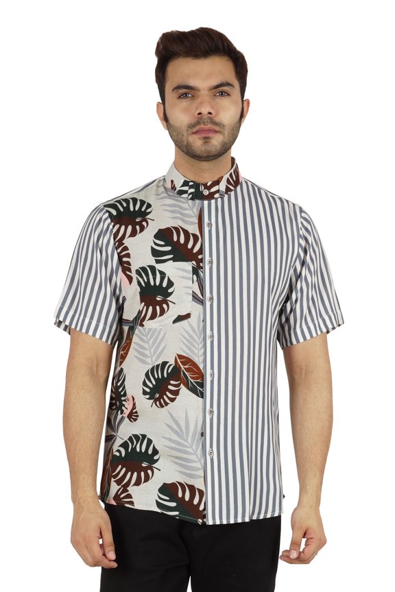 Regular Fit Designer Mandarin Collar Shirt For Men's Printed Patch Pocket Shirts