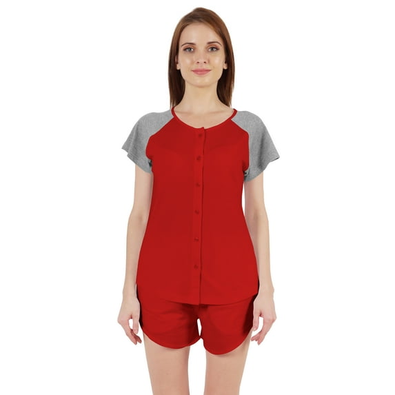 Inkmeso Solid 2 Pc Nightwear Set For Women Raglan Sleeves Button-Down Top & Shorts Sleepwear-16