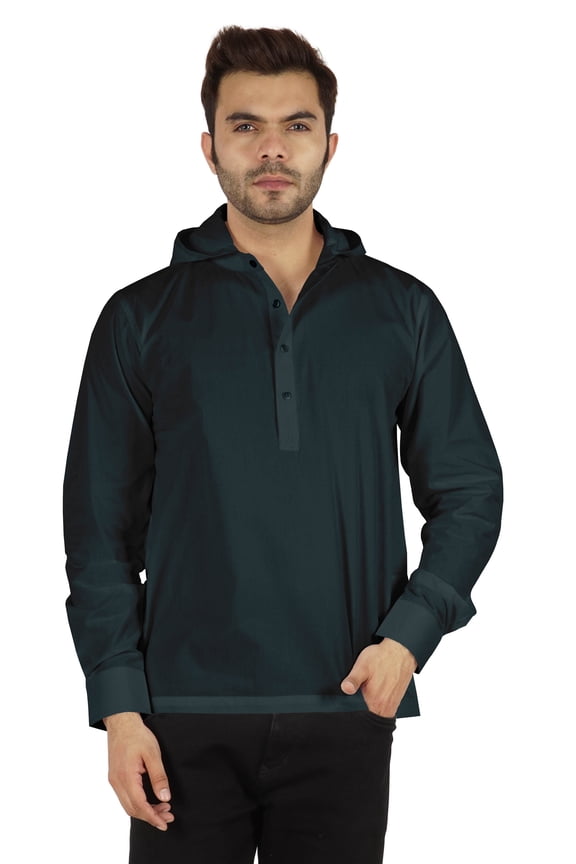 Solid Henley Hooded Short Kurta For MensLong Sleeve Cotton T-shirt Regular Fit Summer Wear