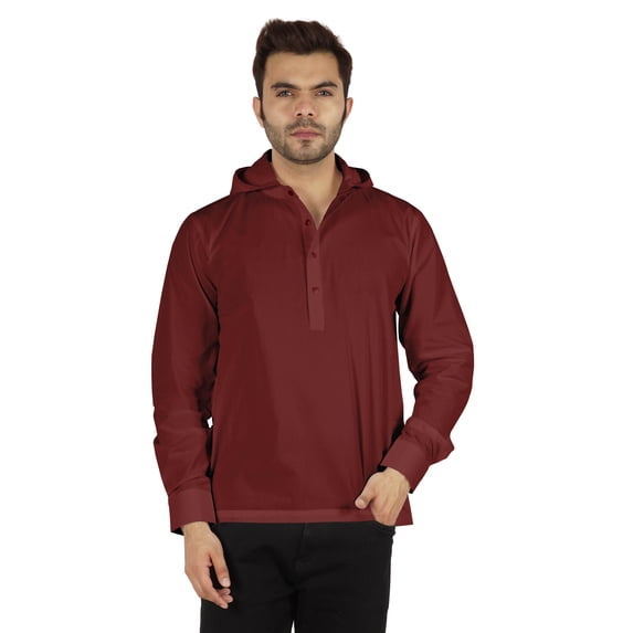 Inkmeso Solid Henley Hooded Short Kurta For MensLong Sleeve Cotton T-shirt Regular Fit Summer Wear