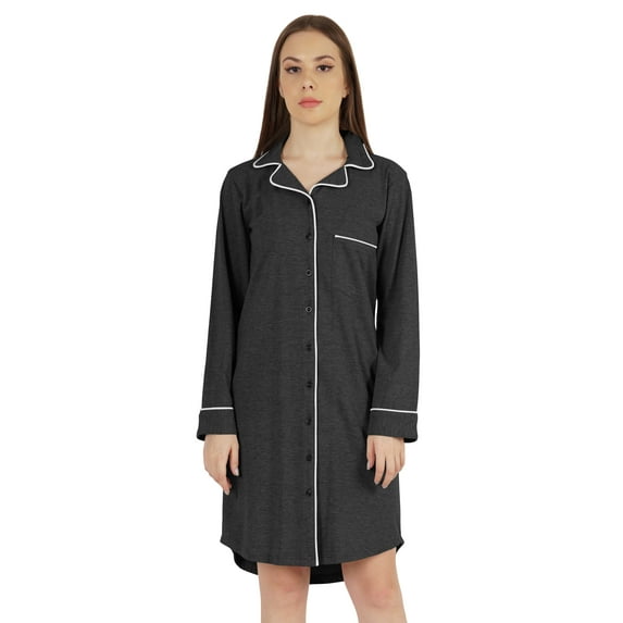 Inkmeso Solid Jersey Nightgown For Women Long Sleeve Button Down Sleepshirt Loungewear Nightdress