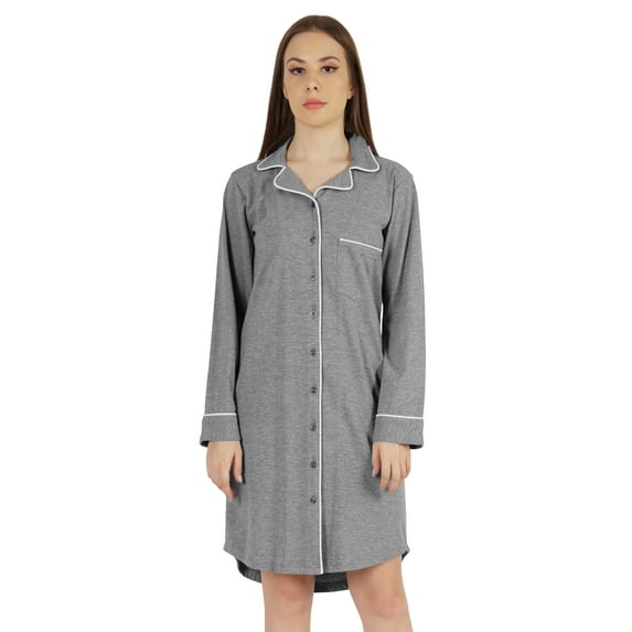 Inkmeso Solid Jersey Nightgown For Women Long Sleeve Button Down Sleepshirt Loungewear Nightdress
