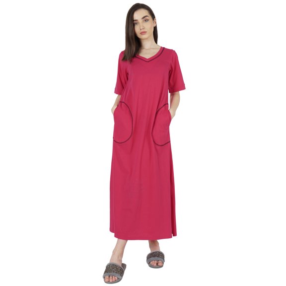 Inkmeso Solid Long Nightgown For Womens V-Neck Loungewear Casual Sleep Dress With Pockets