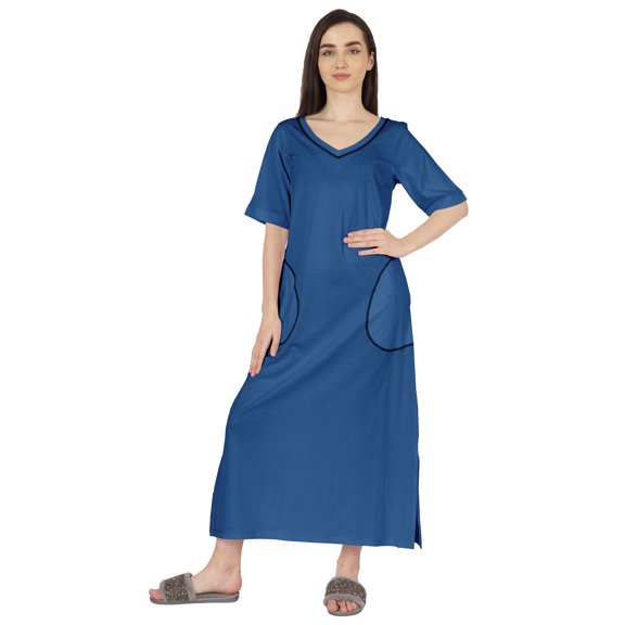 Inkmeso Solid Long Nightgown For Womens V-Neck Loungewear Casual Sleep Dress With Pockets