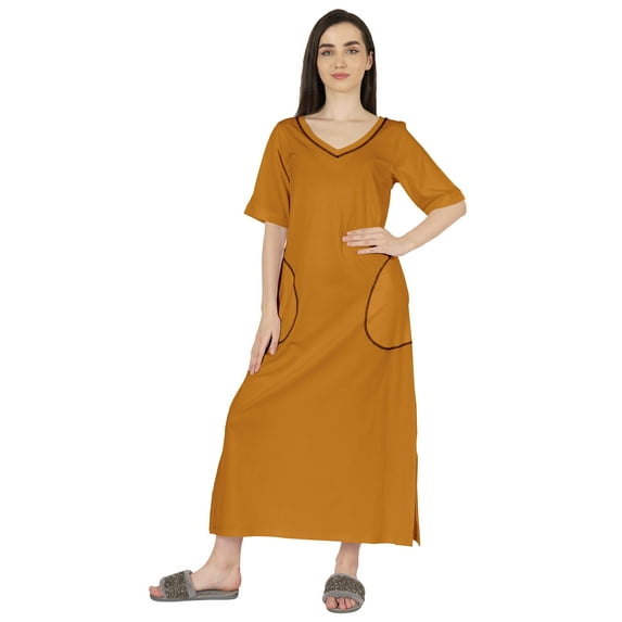 Inkmeso Solid Long Nightgown For Womens V-Neck Loungewear Casual Sleep Dress With Pockets