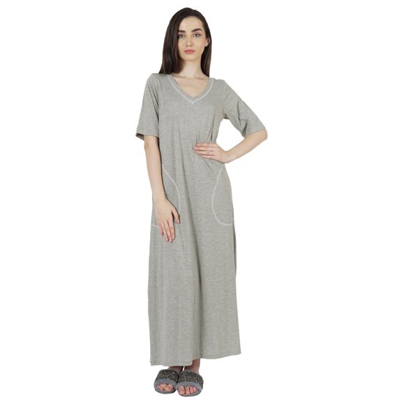 Inkmeso Solid Long Nightgown For Womens V-Neck Loungewear Casual Sleep Dress With Pockets