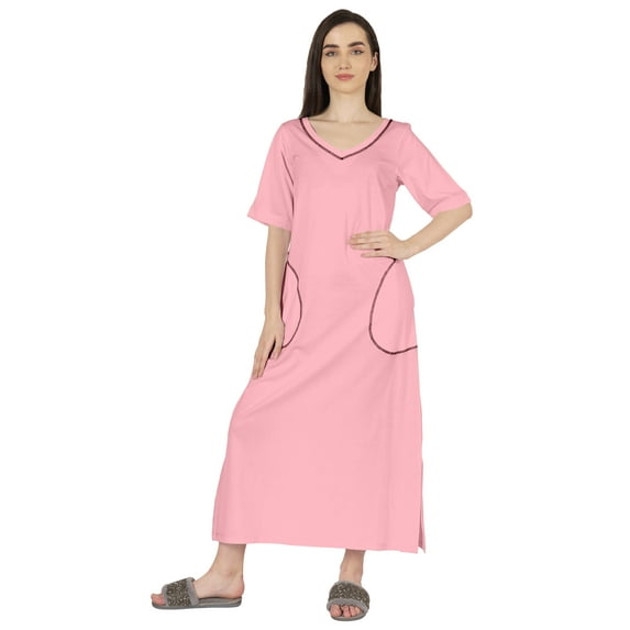 Inkmeso Solid Long Nightgown For Womens V-Neck Loungewear Casual Sleep Dress With Pockets