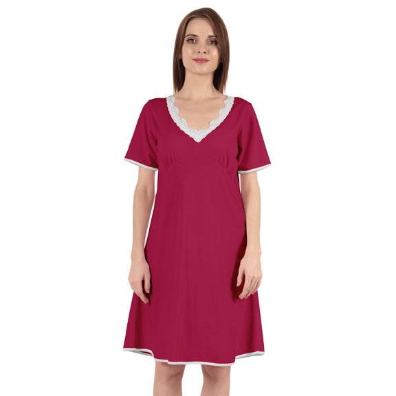 Inkmeso Solid Nightgown Dress For Women Nightwear Lace short sleeve Loungewear Tunic