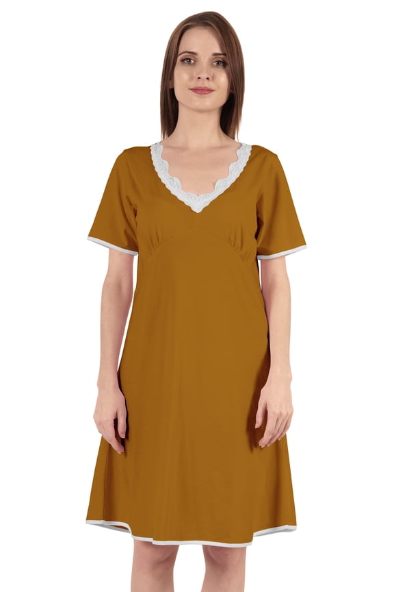 Solid Nightgown Dress For Women Nightwear Lace short sleeve Loungewear Tunic