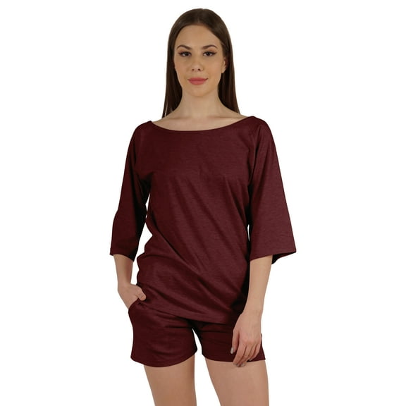 Inkmeso Solid Nightwear Set For WoMen's Boat Neck Top And Short Sleepwear 2 Pc Loungewear