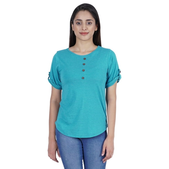 Inkmeso Solid Roll-Up Sleeve Tops For Women Round Hem Tshirt Summer Everyday Tee