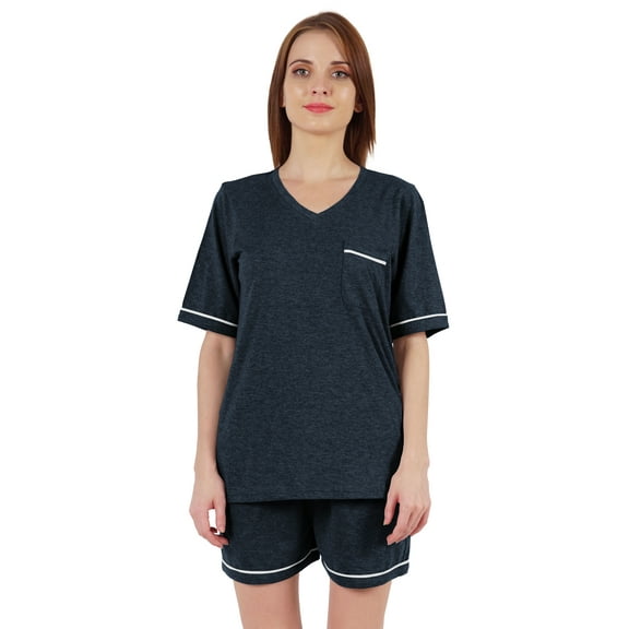 Inkmeso Solid Short Nightwear Set For Womens Short Sleeves Top and Shorts 2Pcs Loungewear
