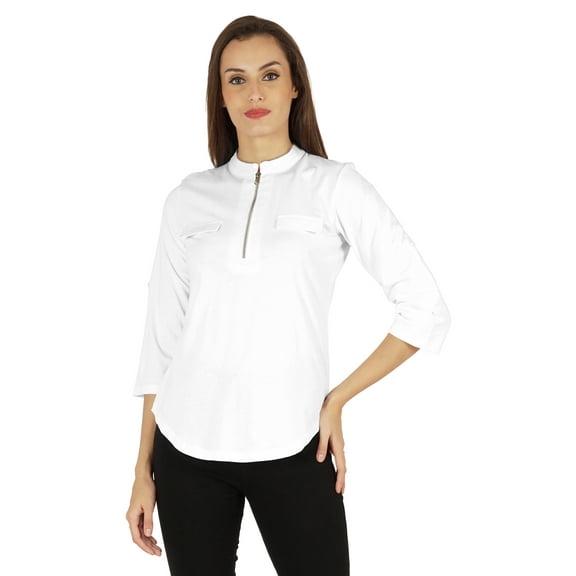 Inkmeso Stylish Mandarin Collar Top For Women Casual Solid Relaxed-Fit Zipper Front Tunic