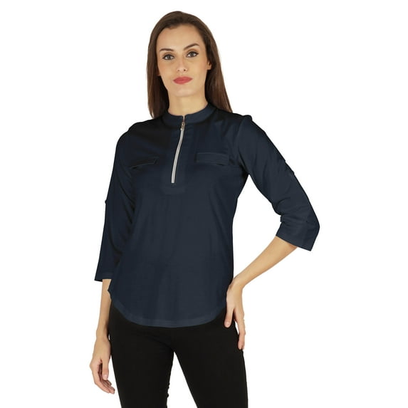 Inkmeso Stylish Mandarin Collar Top For Women Casual Solid Relaxed-Fit Zipper Front Tunic