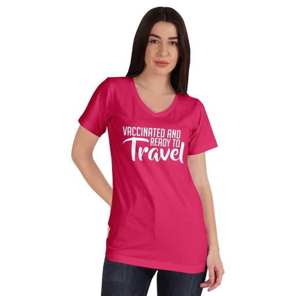 Inkmeso Vaccinated And Ready To Travel Funny Pro-Vaccine V-Neck T-shirt For Womens