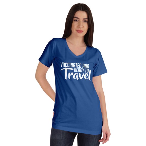 Inkmeso Vaccinated And Ready To Travel Funny Pro-Vaccine V-Neck T-shirt For Womens