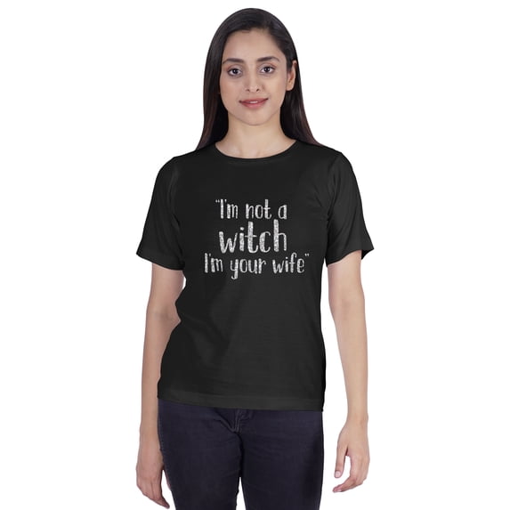 Inkmeso Women T-shirt "I'm Not A Witch I'm Your Wife" Graphic Witchy Marriage Short Sleeves Jersey Shirt